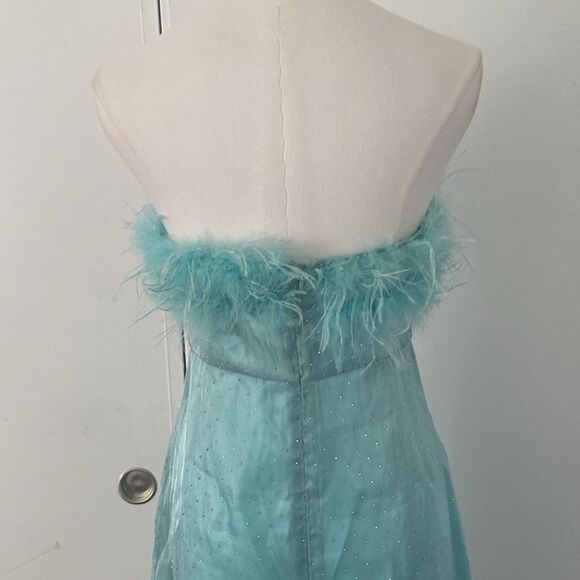 Vintage Turquoise Blue Formal Maxi Dress with Sparkles,Train, and Feathers - Picture 8 of 13
